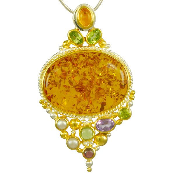 Statement Making Sterling Silver, 22k Vermeil Amber and Multi-Stone Cluster Pendant Holliday Jewelry Klamath Falls, OR