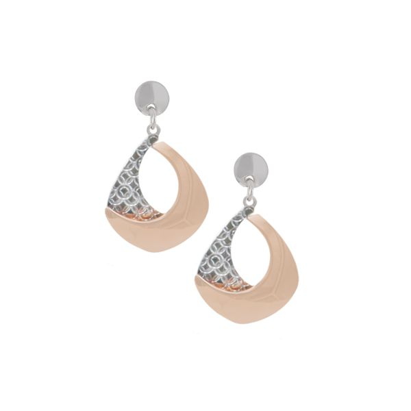 Sterling silver and rose tone crescent drop earrings. Holliday Jewelry Klamath Falls, OR