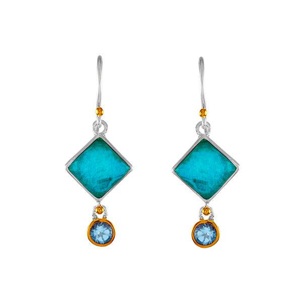 Sterling Silver Vermeil and Checkerboard Amazonite, Mother of Pearl Tripolet and Blue Topaz Earrings Holliday Jewelry Klamath Falls, OR