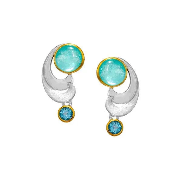 Unique amaxzonite, mother of pearl quartz and blue topaz earrings Holliday Jewelry Klamath Falls, OR