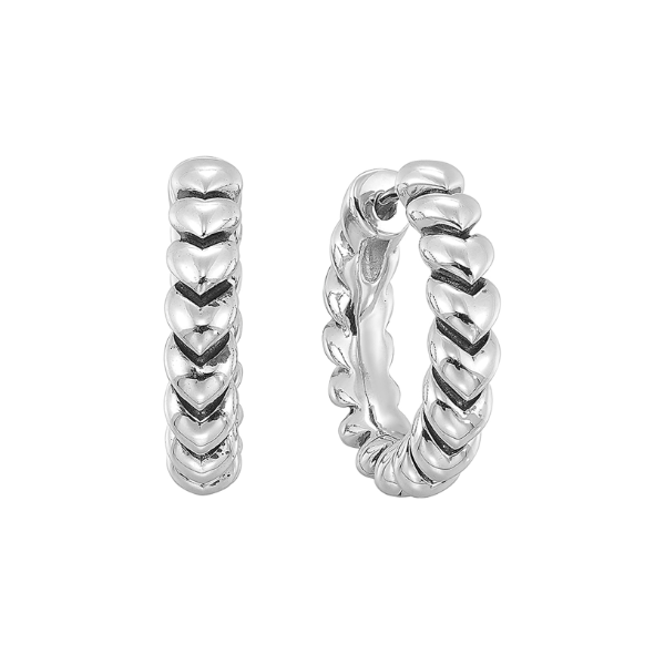 STERLING SILVER  HOOP HUGGIE EARRINGS WITH HEART LIKE PATTERN REPEATING Holliday Jewelry Klamath Falls, OR