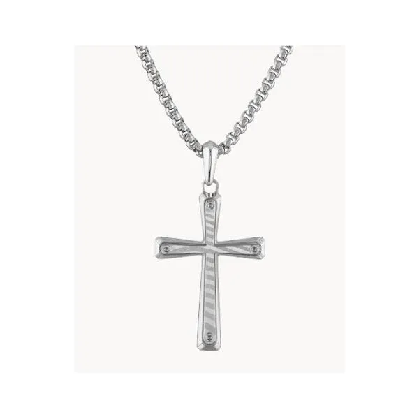 Damasus steel highlights this sterling silver cross pendant. Holliday Jewelry Klamath Falls, OR