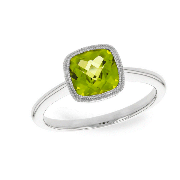 Cushion Cut Peridot Ring in 14K White Gold Holly McHone Jewelers Astoria, OR