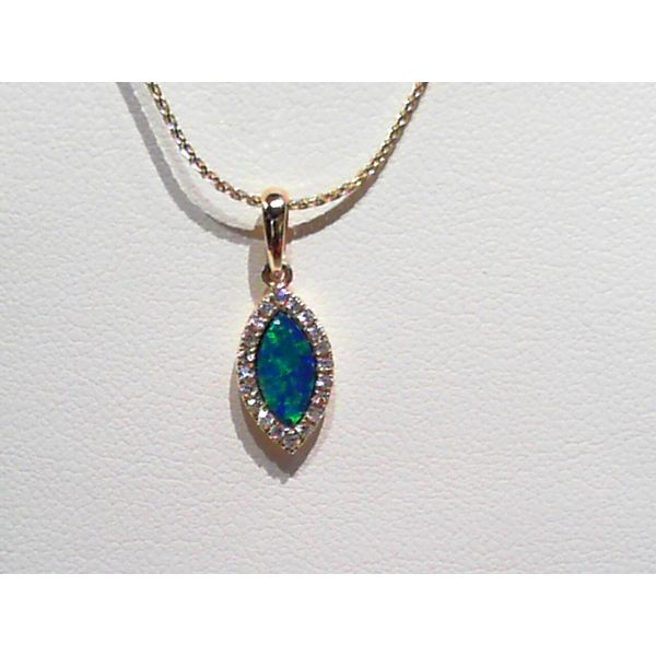 Australian Opal Doublet & DIamond Pendant in 14K Gold Holly McHone Jewelers Astoria, OR