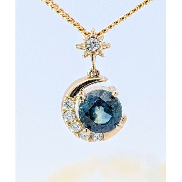 Montana Sapphire & Diamond Moon Pendant in 14K Gold Image 2 Holly McHone Jewelers Astoria, OR