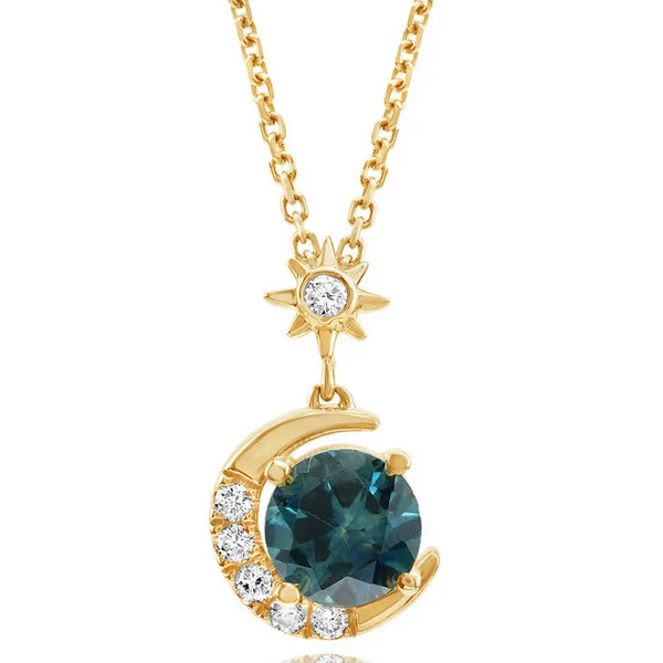 Montana Sapphire & Diamond Moon Pendant in 14K Gold Holly McHone Jewelers Astoria, OR