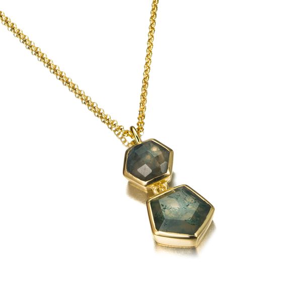 Moss Agate Geometric Pendant in Sterling Silver with 18K Vermeil Holly McHone Jewelers Astoria, OR