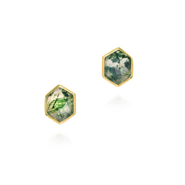 Moss Agate Stud Earrings Sterling SIlver with 18K Vermeil Holly McHone Jewelers Astoria, OR