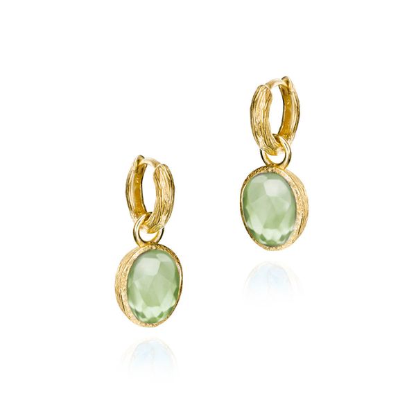 Green Amethyst Drop Hoop Earrings in Sterling Silver with 18K Vermeil Holly McHone Jewelers Astoria, OR