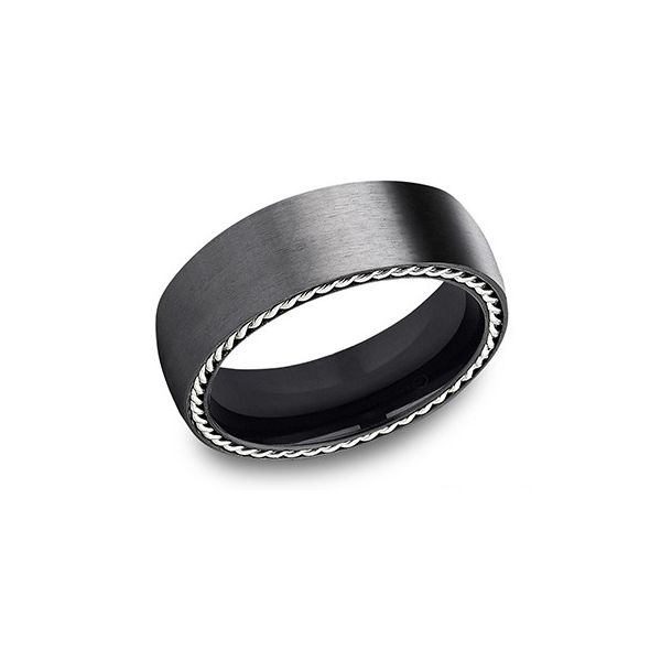Black Titanium Wedding Band with Silver Rope Edging Holly McHone Jewelers Astoria, OR