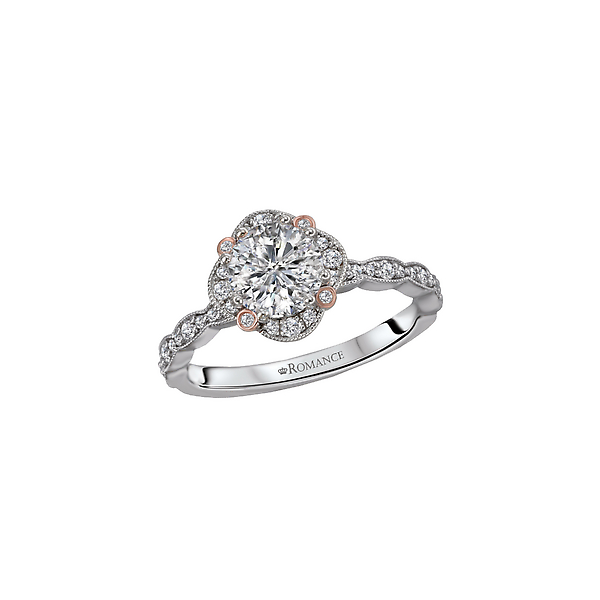 White and Rose Gold Halo Engagement Ring Holtan's Jewelry Winona, MN