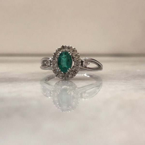 Emerald and Diamond Halo Ring Holtan's Jewelry Winona, MN