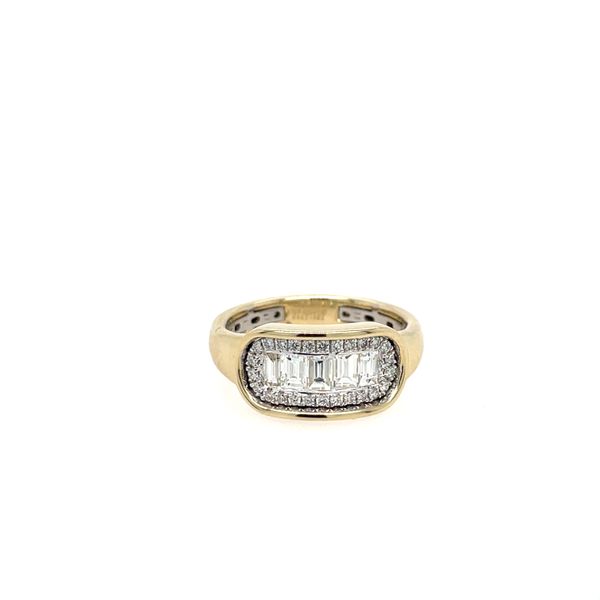 14k YG/ PT 750 Oval Cluster With 5 Channel Set Baguette Diamonds= 0.633ct TW and 26 Round Shared Prong Set Diamonds= 0.183ct TW Oval Shape Ring House of Silva Wooster, OH