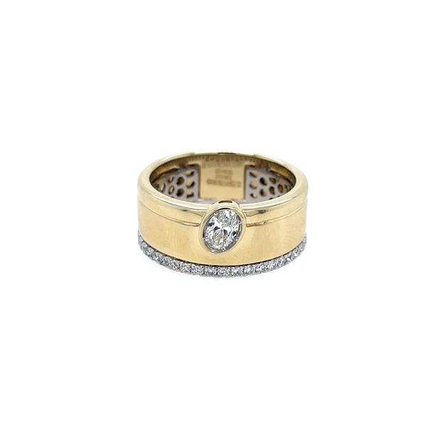 14k YG/ PT 750  Bezel Set Oval= 0.248ct 21 Round Shared Prong Set Diamonds= 0.0.228ct TW Thick Gold Band Ring House of Silva Wooster, OH