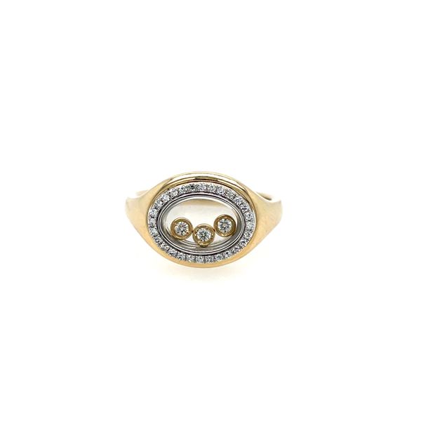 14k TT Moving 3 Bezel Set Diamond= 0.06ct TW Between Oval Glass = 1.23ct TW 28 Shared Prong RD Diamond Halo= .16ct TW Ring House of Silva Wooster, OH