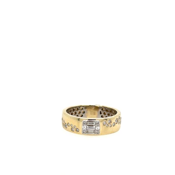 14k/ PT750  Center Rectangular Shaped Baguette/ Round Diamond Cluster With Flush Set Round Diamonds In A Free Form Pattern Ring 5 BG= 0.183ct TW 30 RD House of Silva Wooster, OH
