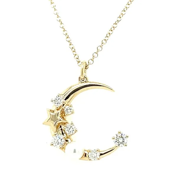 14ky Gold Diamond & Cultured Pearl Crescent Moon & Star Pendant, 6fc = 0.30ct diamonds House of Silva Wooster, OH