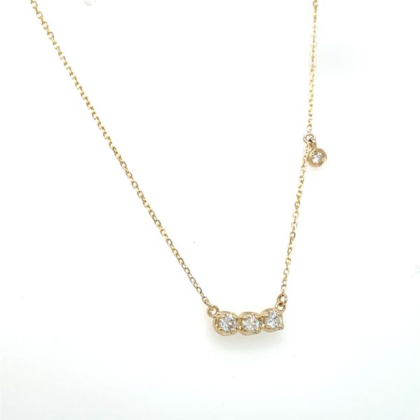 14k YG Prong Set Round Diamond 3 Stone Station Pendant & 1 Round Bezel Dangle On 18
