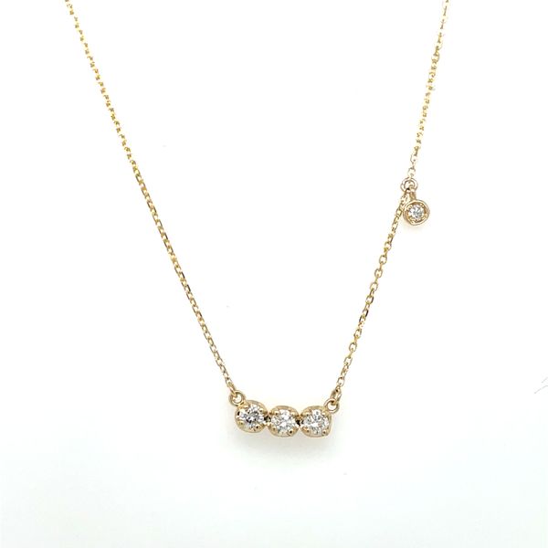 14k YG Prong Set Round Diamond 3 Stone Station Pendant & 1 Round Bezel Dangle On 18