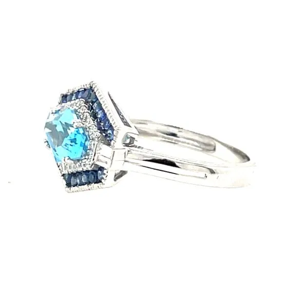 14kw Gold Blue Topaz, Blue Sapphire & Diamond Hexagon Ring, 1.58ct Fantasy Cut Blue Topaz, 20 Sapphire = 0.35ct, 26fc & 4 baguettes = 0.19ct diamond Image 2 House of Silva Wooster, OH