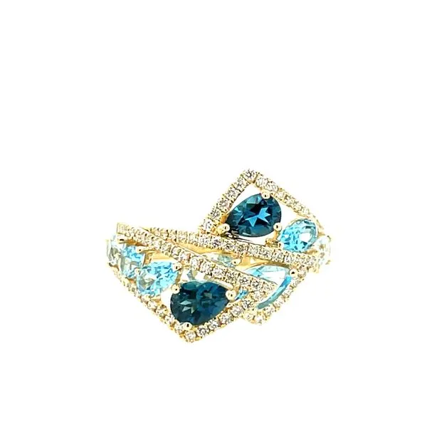 14ky Gold London, Swiss & Sky Blue Topaz & Diamond Tri-Triangle Ring, 2.49ct Topaz, 85fc = 0.39ct diamonds House of Silva Wooster, OH