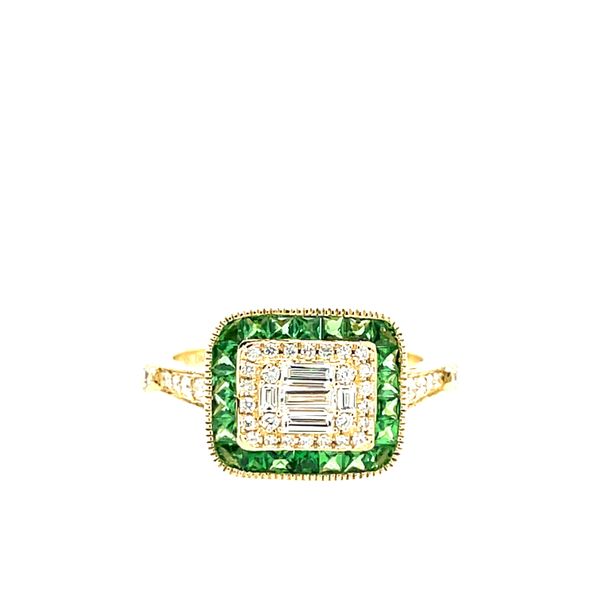 14ky Gold Diamond & Tsavorite Vintage Inspried Ring, 36fc & 5 baguettes = 0.37ct diamond, 22 Tsavorite = 0.57ct House of Silva Wooster, OH