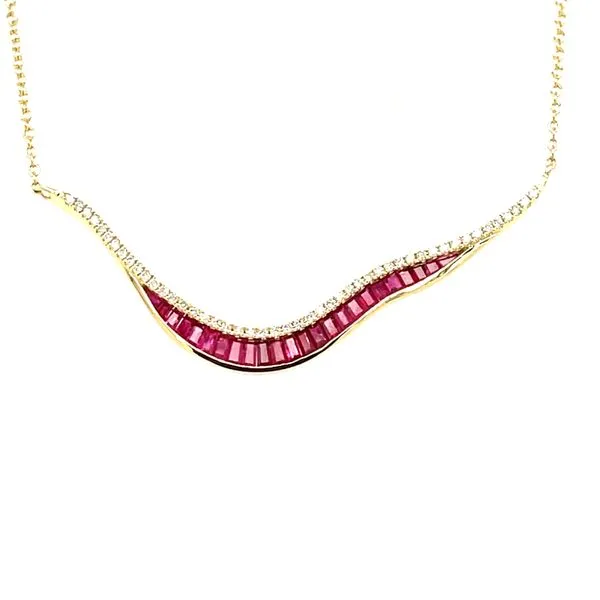 14ky Gold Ruby & Diamond ribbon Necklace, 1.22ct Rubies, 478c = 0.24ct diamonds House of Silva Wooster, OH