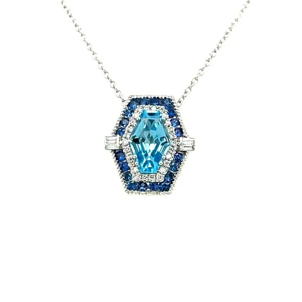 14kw Gold Blue Topaz, Sapphire & Diamond Hexagon Pendant, 1.56ct Fantasy Cut Blue Topaz, 20 Sapphire = 0.32ct, 26fc & 4 baguettes = 0.14ct diamond House of Silva Wooster, OH