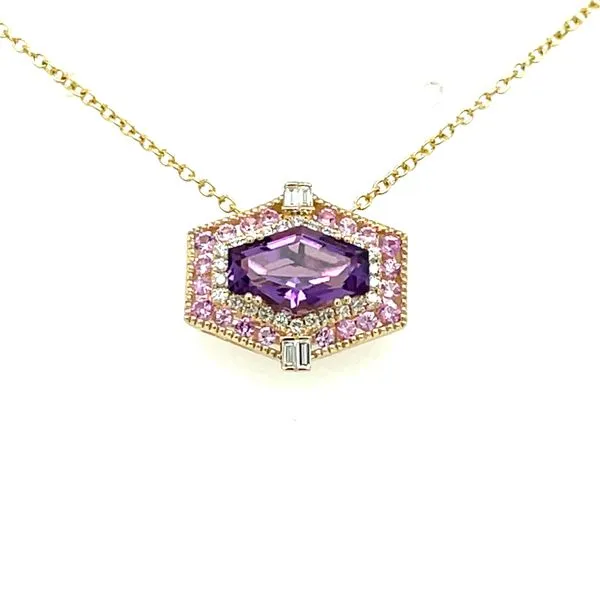 14ky Gold Amethyst, Pink Sapphire & Diamond Hexagon Pendant, 1.12ct Amethyst, 20 Pink Saph = 0.30ct, 26fc & 4 baguettes = 0.13ct diamonds House of Silva Wooster, OH