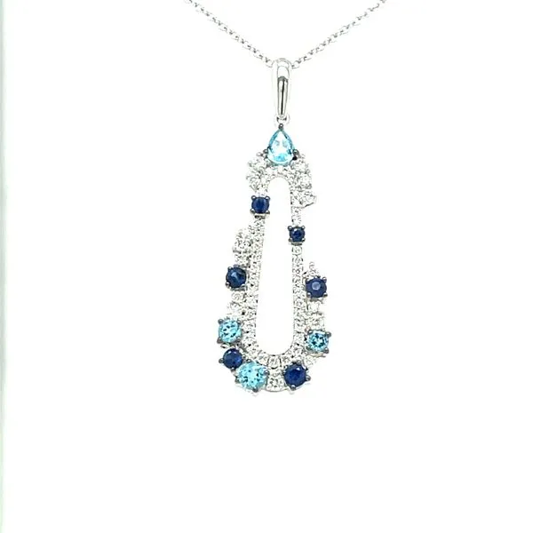 14kw Gold Blue Topaz, Blue Sapphire & Diamond Open Work Pendant, 0.39ct Blue Topaz, 0.25ct Sapphire, & 50fc = 0.30ct diamond House of Silva Wooster, OH