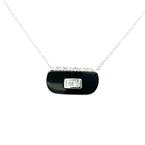 14kw Gold Horizontal Black Onyx & Diamond Necklace, 11fc & 3 baguettes = 0.08ct diamonds House of Silva Wooster, OH