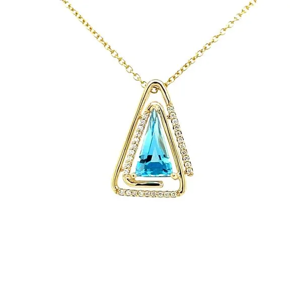 14ky Gold Blue Topaz & Diamond Triangle Pendant, 1.17ct Blue Topaz, 30fc = 0.08ct diamonds House of Silva Wooster, OH