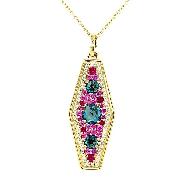 14ky Gold Multi Color Gemstone & Diamond Hexagon Pendant, 3 London Blue Topaz = 1.00ct, 6 Ruby = 0.16ct, 25 Pink Sapphire = 0.36ct, 62fc = 0.19ct diam House of Silva Wooster, OH