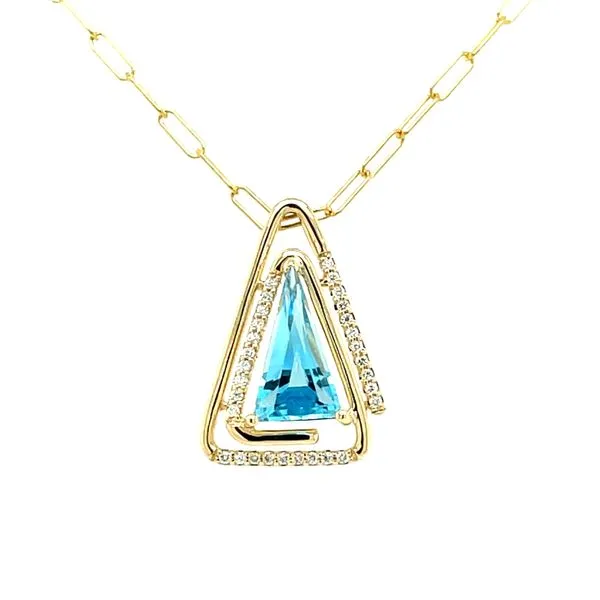 14ky Gold Blue Topaz & Diamond Triangle Pendant, 1.17ct Blue Topaz, 30fc = 0.08ct diamonds House of Silva Wooster, OH