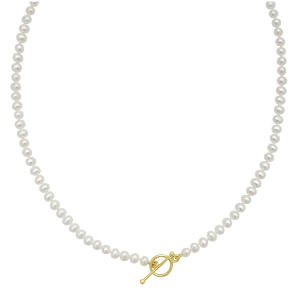 14kt Yellow Gold Polished T-Bar & Ring Clasp+ White Cultured Fresh Water Pearl Necklace 18