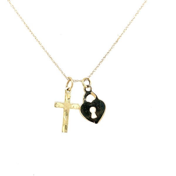 Estate 14ky Gold Cross & Padlock Heart Pendant, 18 inch Chain Image 2 House of Silva Wooster, OH