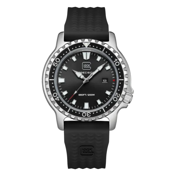GLOCK Precision Watch with SS Case, Black Dial, SWISS SUPER-LUMINOVA® Rotating Bezel,45mm Case,Black Sport Band House of Silva Wooster, OH