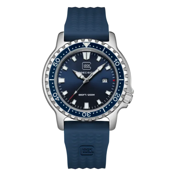 GLOCK Precision Watch with SS Case, Blue Dial, Rotating Bezel, SWISS SUPER-LUMINOVA®45mm Case,Blue Sport Band House of Silva Wooster, OH
