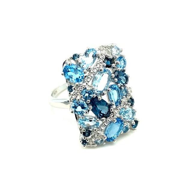 Sterling Silver Round& Oval BlueTopaz 3.76ct/ Round WhiteTopaz 0.11ct Rectangular Cluster Ring House of Silva Wooster, OH