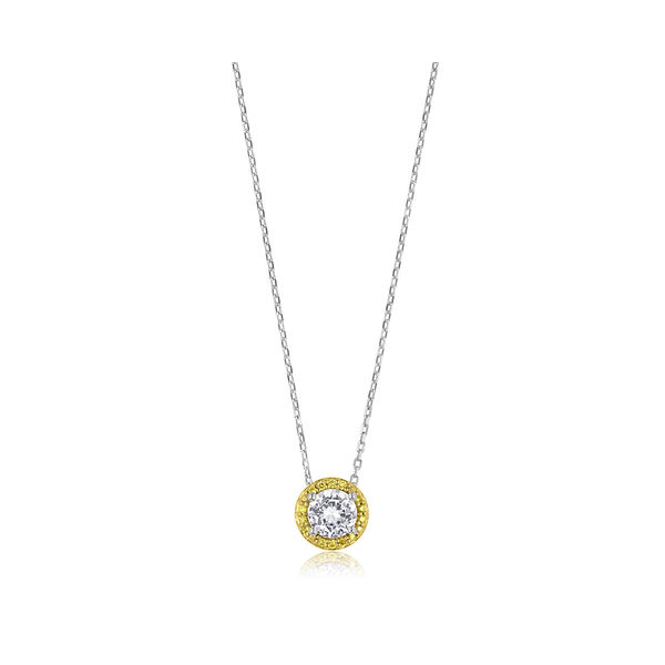 Sterling Silver/ YGP 1 Round 5mm Created White Sapphire= 0.56ct 14 Round Yellow Diamonds= 0.06ct TW Halo Pendant House of Silva Wooster, OH