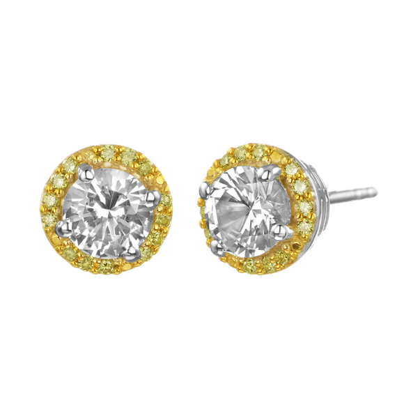 Sterling Silver/ YGP 2 Round White Sapphire= 1.00ct TW Approx. 30 Round Yellow Diamonds In A Halo Setting= 0.11ct TW  Stud Earrings House of Silva Wooster, OH