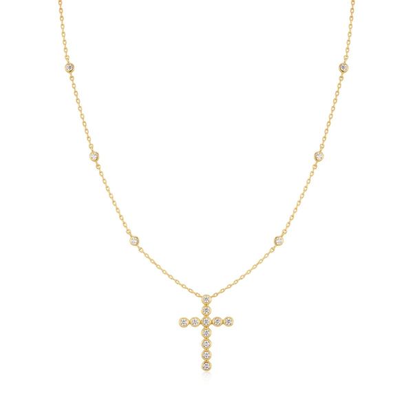 Gold Bezel-Set Station Necklace with Cross Pendant House of Silva Wooster, OH