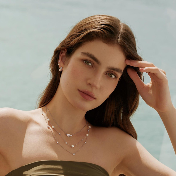 Luna Gaze Silver Asymmetric Shell Pearl Station Necklace Image 2 House of Silva Wooster, OH