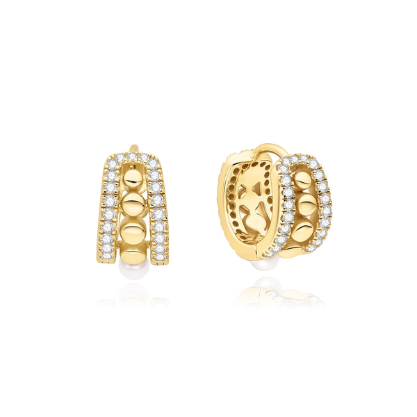 Luna Gaze Gold Sparkling Shell Pearl Row Huggie Hoop Earrings Image 3 House of Silva Wooster, OH