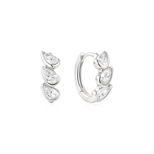 Silver Triple Half-Bezel Teardrop Huggie Hoop Earrings House of Silva Wooster, OH