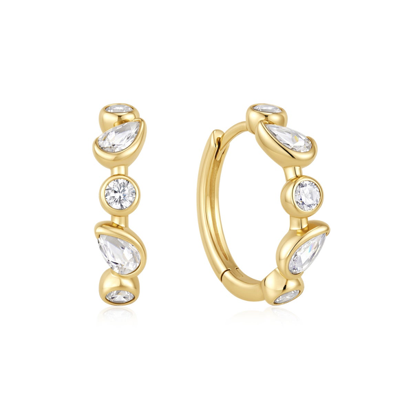 Gold Bezel Round & Teardrop Huggie Hoop Earrings House of Silva Wooster, OH