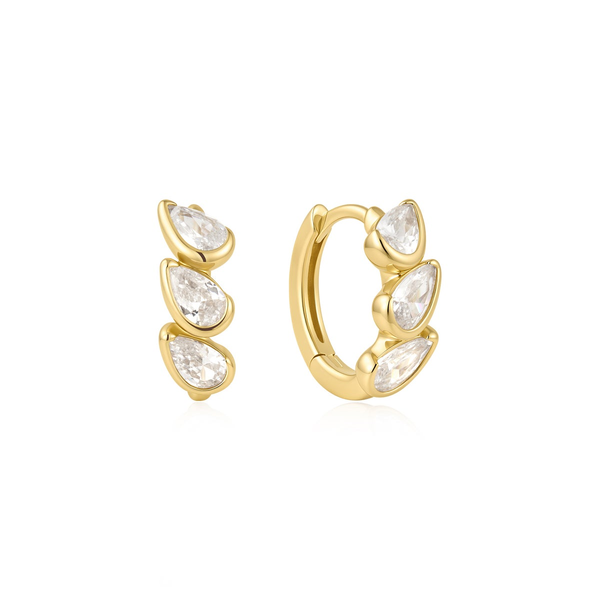 Gold Triple Half-Bezel Teardrop Huggie Hoop Earrings House of Silva Wooster, OH
