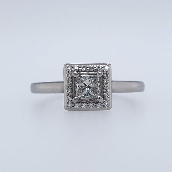 14k white gold, 0.10 ctw diamond halo, 0.25 ct princess cut diamond SI2 clarity, I color Hudson Valley Goldsmith New Paltz, NY