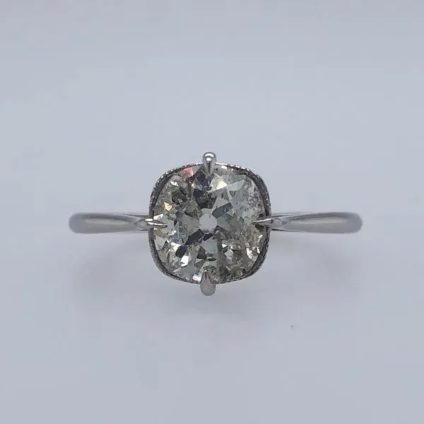 ESTATE 14k white gold vintage solitaire 1.66CT cushion old Euro diamond Color:J Clarity:I2 Hudson Valley Goldsmith New Paltz, NY