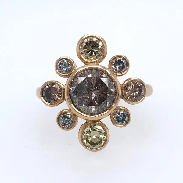 1.83 Ct Round Champagne Dia. In 14K Yg Ring W/1.27 Ctw Champ, Gray & Yellow Side Dia Hudson Valley Goldsmith New Paltz, NY